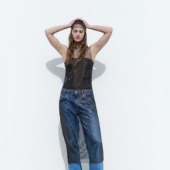 NWT ZARA CRYSTAL MESH DRESS BLOGGERS FAV GOLD AND BLACK - Picture 10 of 11